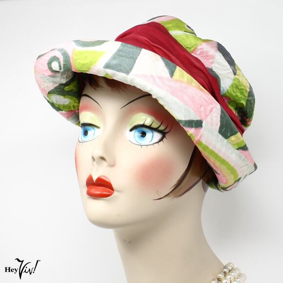 Vintage 60s Bucket Hat Pink Green Mod Go-Go Style Fabric w Curved Brim – Hey Viv - Picture 2 of 9